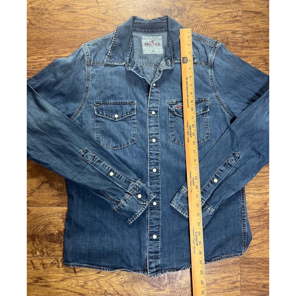 Hollister Western Shirt Mens Sz XL Faded Blue Denim Pearl Snap Cowboycore Y2K - Picture 4 of 7